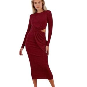 Misha Vina Drape Knit Long Sleeve Cut Out Midi Dress Wine Size 2 NWT